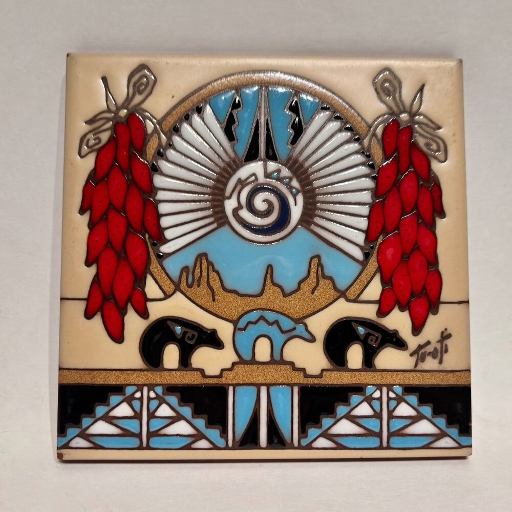 Hand Glazed Earthtones Southwestern Kiln Fired Terracotta Tile Trivet Tu-Oti 6" - Picture 2 of 14